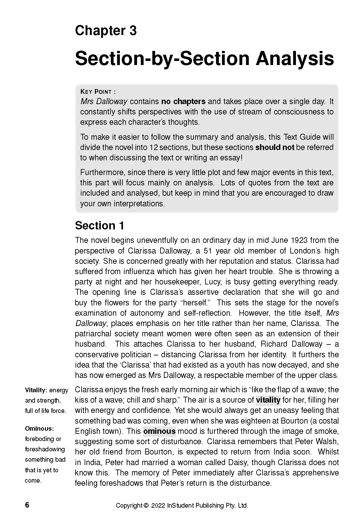White text guide by InStudent Publishing Pty. Ltd. displaying Chapter 3 analysis of Mrs Dalloway, including a key point box.