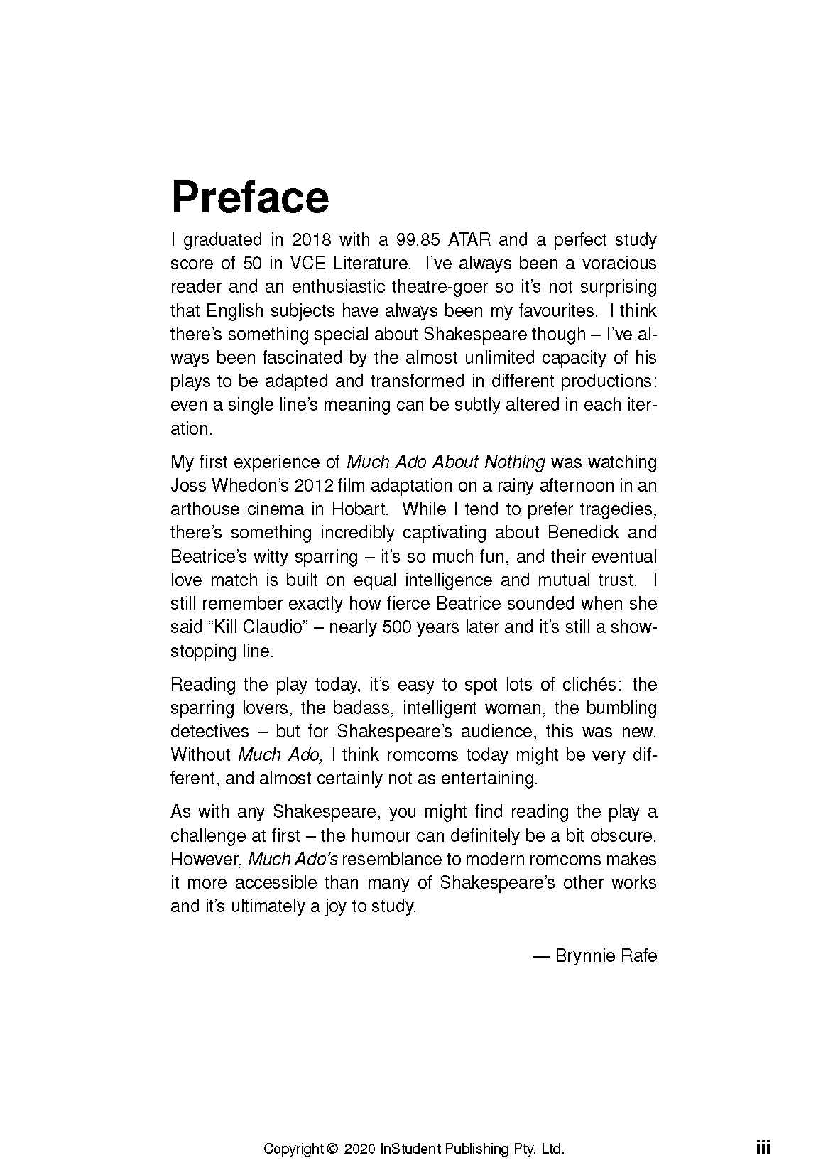 Text guide page on Much Ado About Nothing by InStudent Publishing, featuring black text on a white page with the preface.