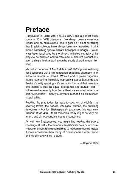 Text guide page on Much Ado About Nothing by InStudent Publishing, featuring black text on a white page with the preface.