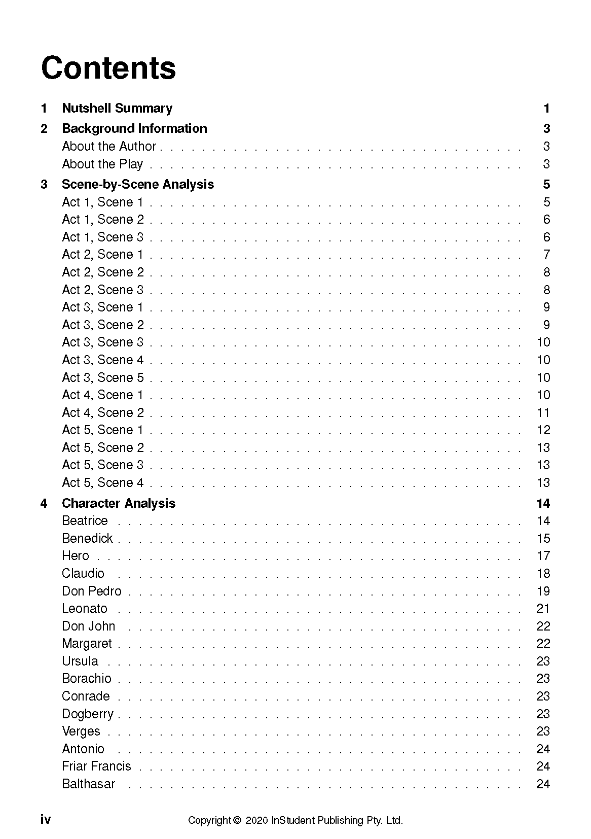 Text guide showing a table of contents with sections like Nutshell Summary, Scene-by-Scene Analysis, and Character Analysis, printed in black text on a white page.