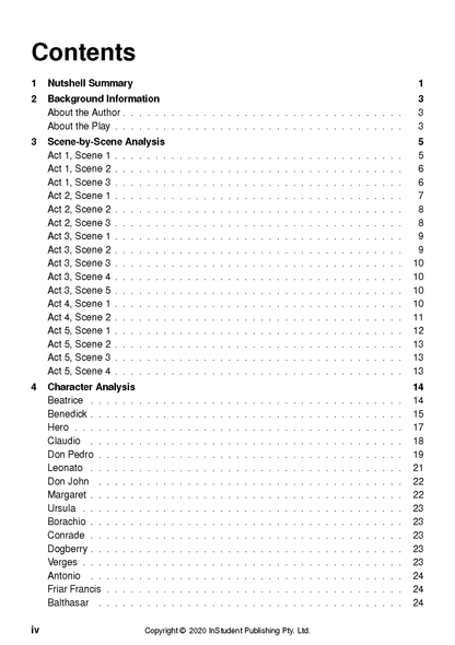 Text guide showing a table of contents with sections like Nutshell Summary, Scene-by-Scene Analysis, and Character Analysis, printed in black text on a white page.