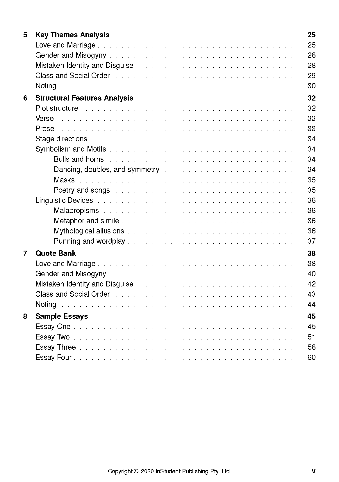 Text Guide table of contents page displaying sections for Key Themes Analysis and Sample Essays with page numbers.