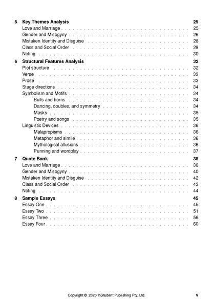 Text Guide table of contents page displaying sections for Key Themes Analysis and Sample Essays with page numbers.