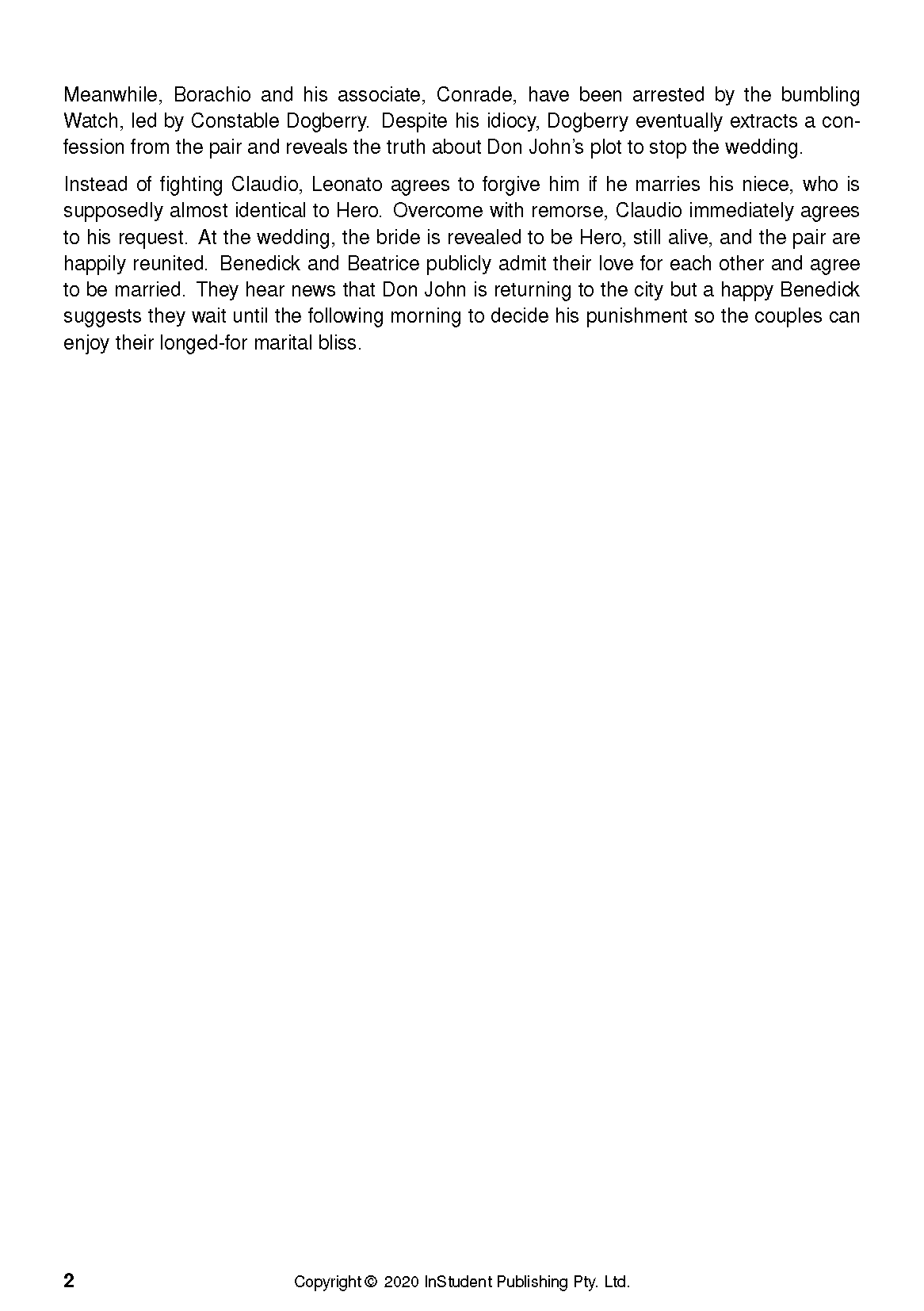 White Text Guide page with black text summarizing the plot of 'Much Ado About Nothing', featuring page 2 and a copyright notice.