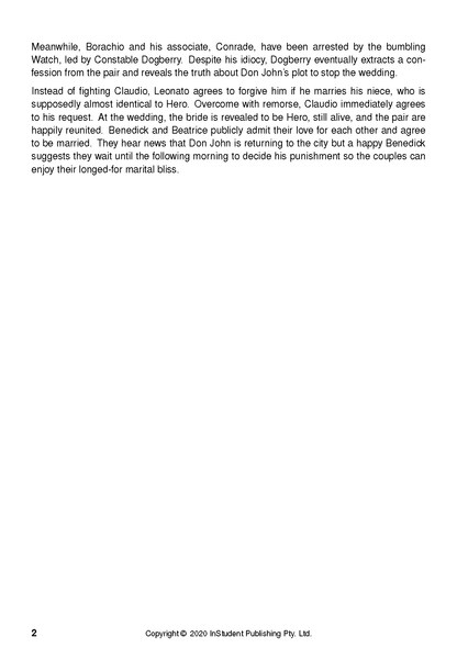 White Text Guide page with black text summarizing the plot of 'Much Ado About Nothing', featuring page 2 and a copyright notice.
