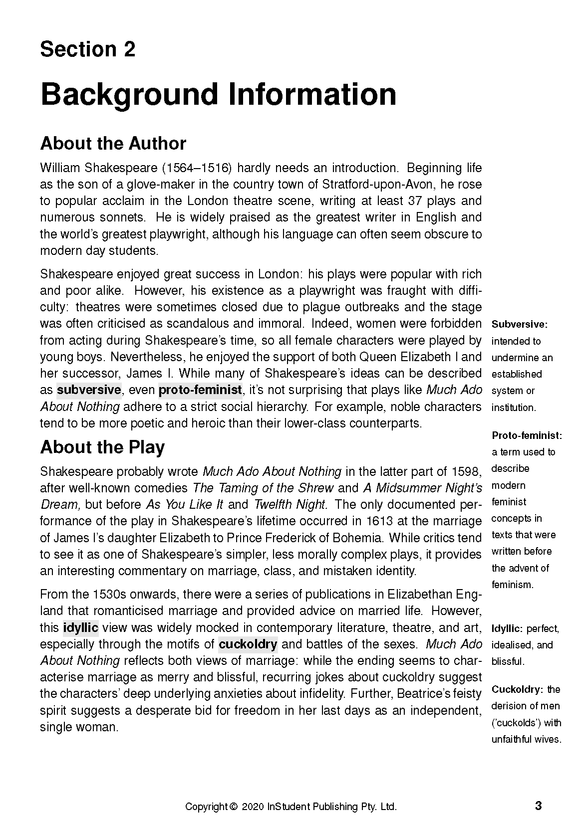 Text Guide page for Much Ado About Nothing by William Shakespeare, displaying detailed literary analysis, headings, and vocabulary definitions on white.