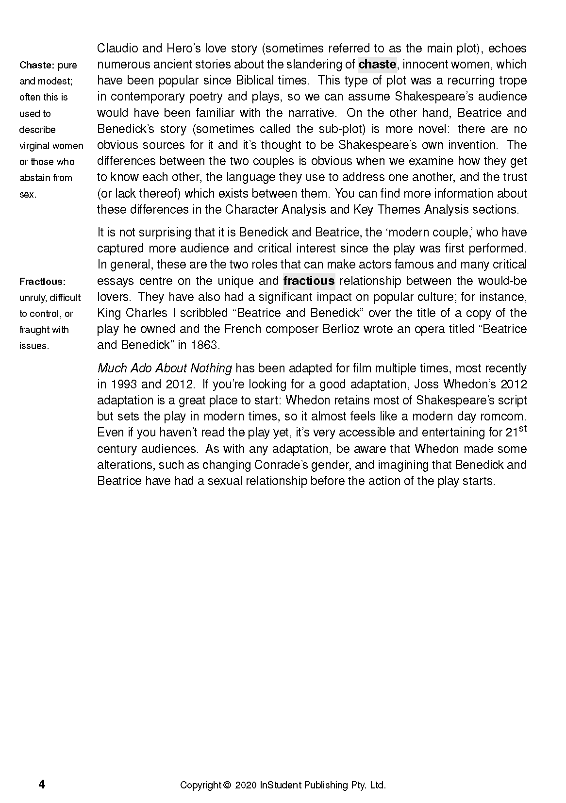 White page from a text guide with black text, defining 'Chaste' and 'Fractious' and analyzing 'Much Ado About Nothing'.