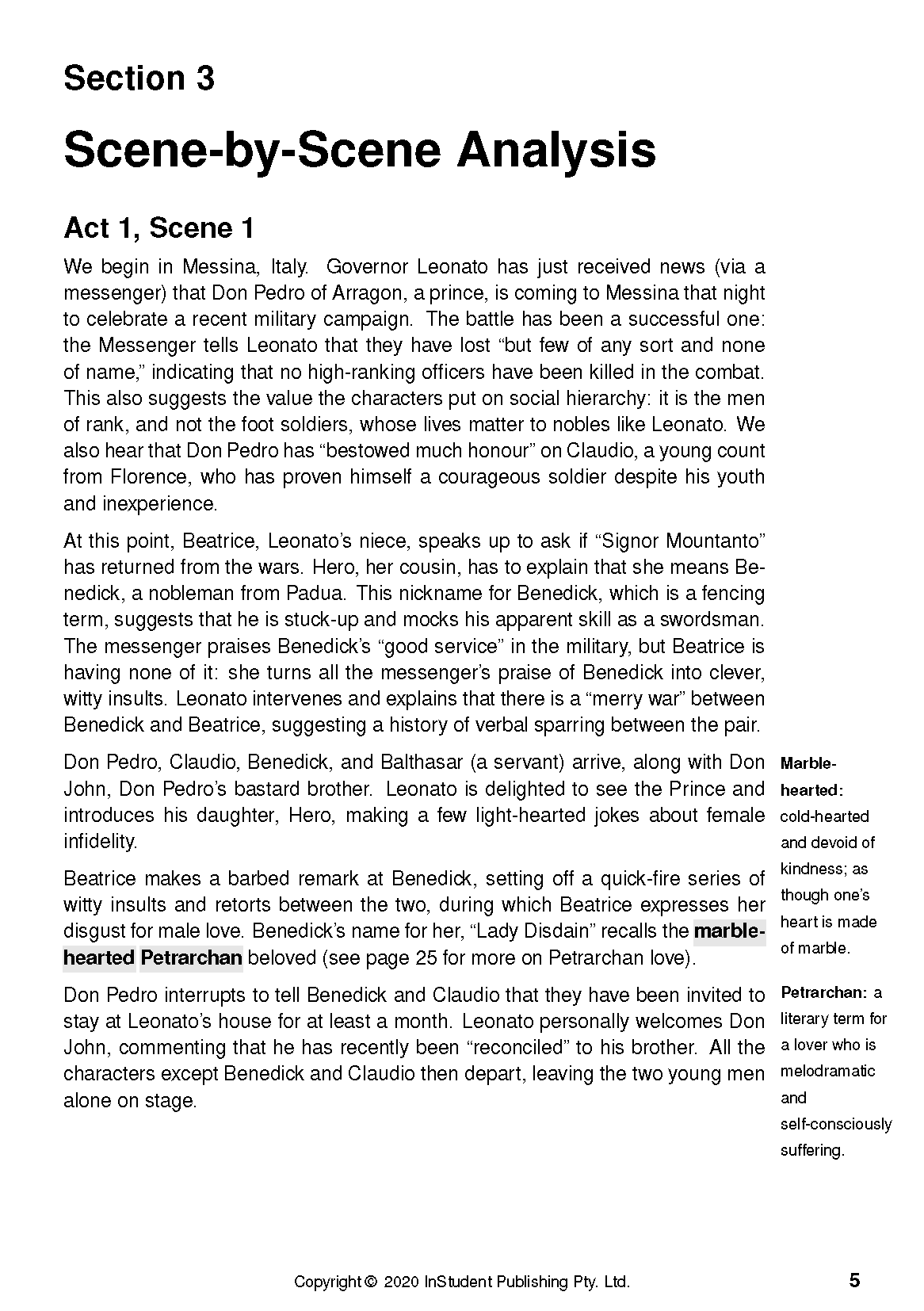 Text guide page displaying 'Scene-by-Scene Analysis Act 1, Scene 1' with black text, bold headings, and red highlighted terms 'marble-hearted Petrachan' with definitions.