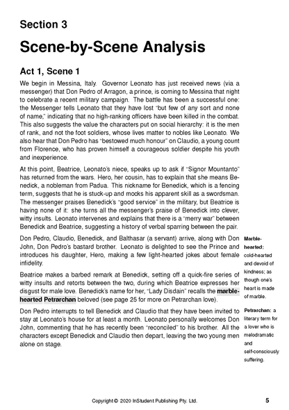 Text guide page displaying 'Scene-by-Scene Analysis Act 1, Scene 1' with black text, bold headings, and red highlighted terms 'marble-hearted Petrachan' with definitions.