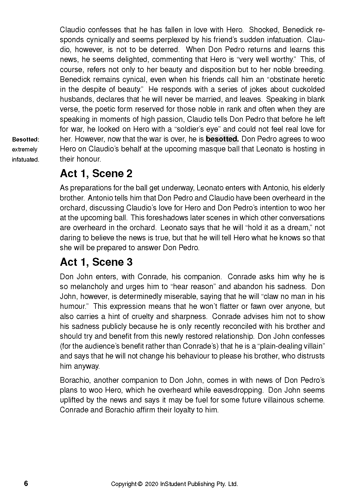 Text guide page with black text on a white background, featuring summaries for "Act 1, Scene 2" and "Act 1, Scene 3" and a "Besotted" definition.