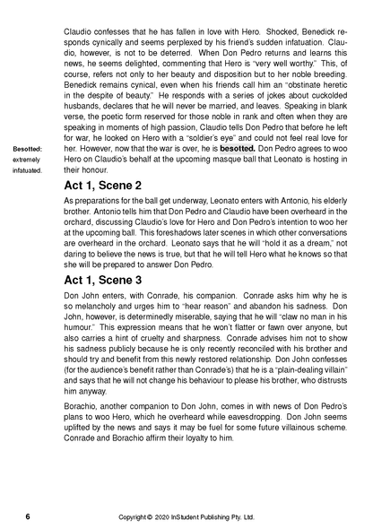 Text guide page with black text on a white background, featuring summaries for "Act 1, Scene 2" and "Act 1, Scene 3" and a "Besotted" definition.