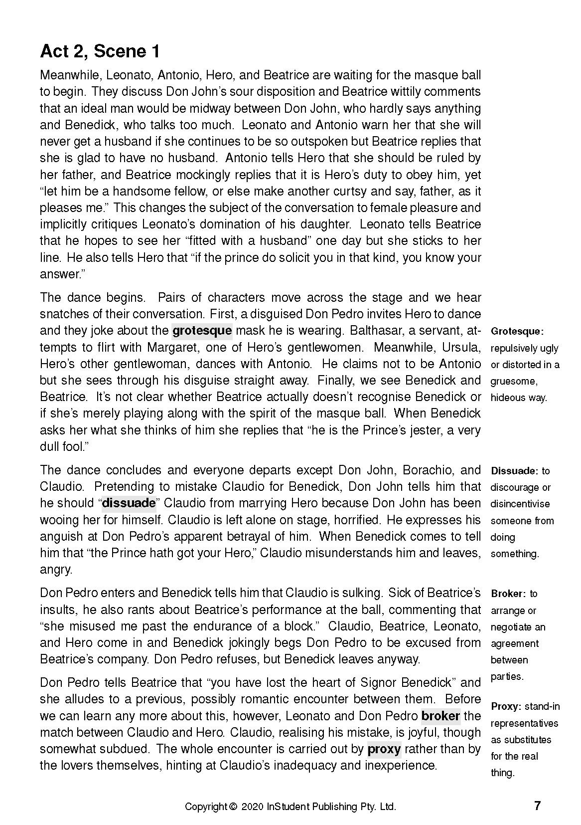Text Guide page displaying Act 2, Scene 1 with black text and sidebar definitions for terms like grotesque and dissuade.