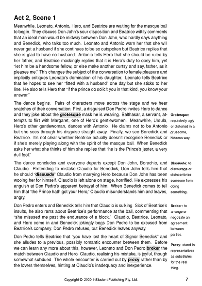 Text Guide page displaying Act 2, Scene 1 with black text and sidebar definitions for terms like grotesque and dissuade.
