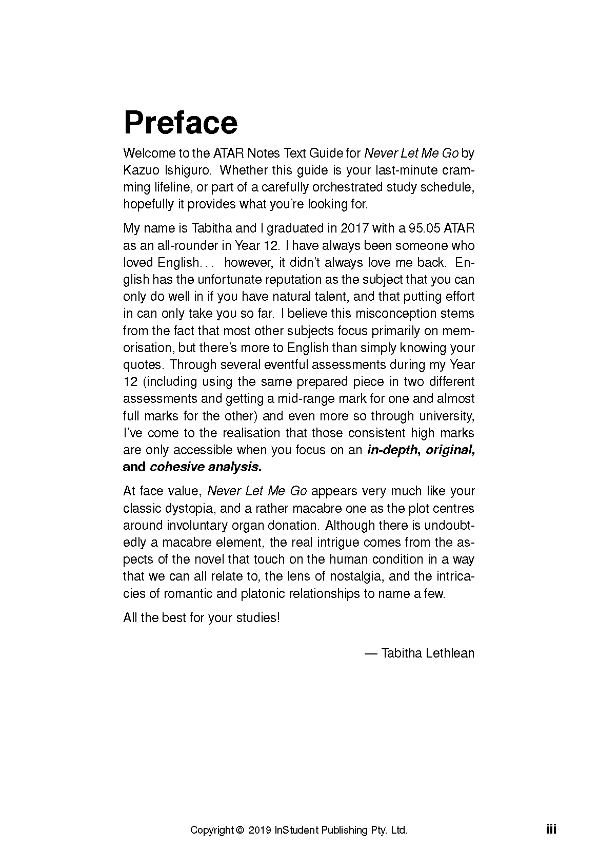 Text Guide for Never Let Me Go by Kazuo Ishiguro, showing its 'Preface' written by Tabitha Lethlean with black text on a white page and copyright details.