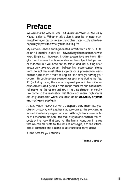 Text Guide for Never Let Me Go by Kazuo Ishiguro, showing its 'Preface' written by Tabitha Lethlean with black text on a white page and copyright details.