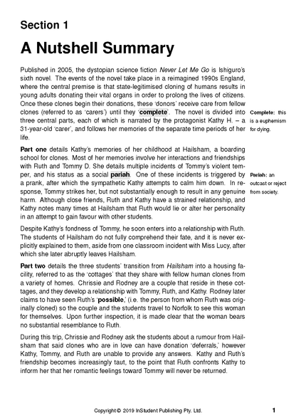 Text Guide page with black text on a white background, featuring a summary of 'Never Let Me Go' and marginal definitions.