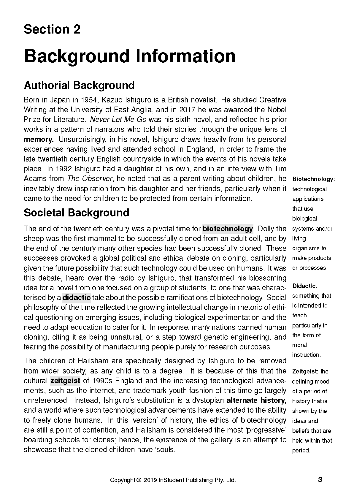 Text guide page featuring 'Background Information' about Never Let Me Go by Kazuo Ishiguro, with definitions of key terms.