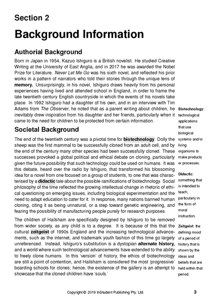 Text guide page featuring 'Background Information' about Never Let Me Go by Kazuo Ishiguro, with definitions of key terms.