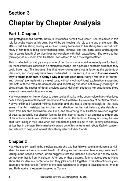 Text Guide page showing Chapter by Chapter Analysis for Never Let Me Go, detailing Part 1, Chapter 1 and Chapter 2.