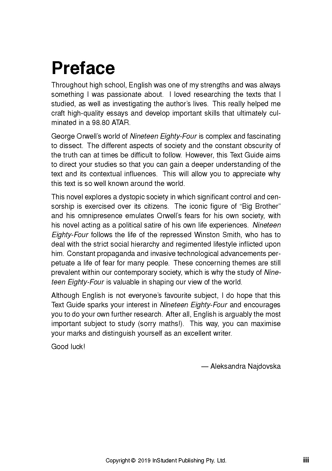 Text Guide page with a bold 'Preface' title and paragraphs of black text, referencing 'Nineteen Eighty-Four'.