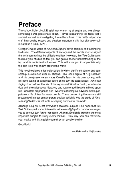 Text Guide page with a bold 'Preface' title and paragraphs of black text, referencing 'Nineteen Eighty-Four'.
