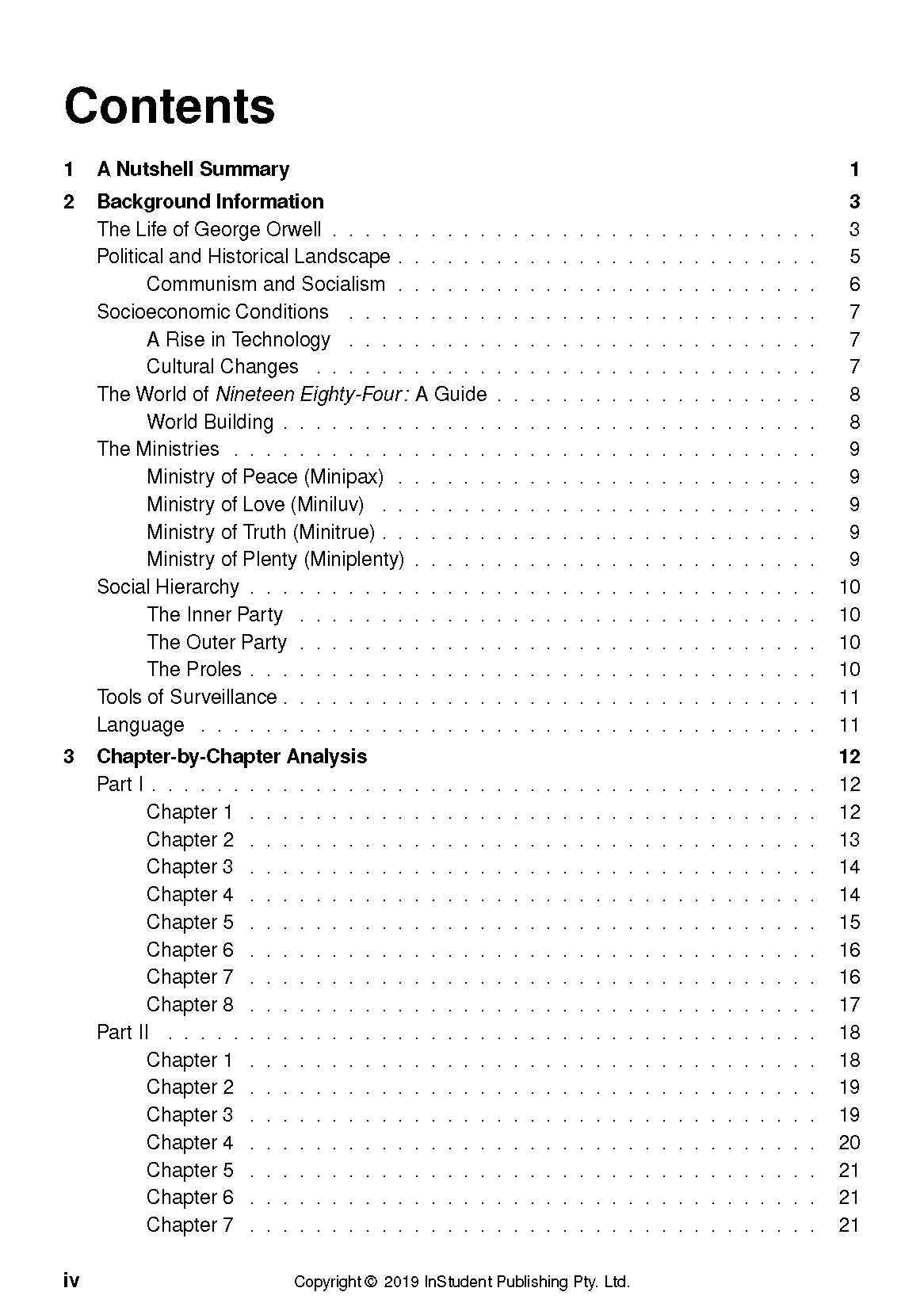 Text Guide for Nineteen Eighty-Four by InStudent Publishing Pty. Ltd., showing a detailed table of contents page.