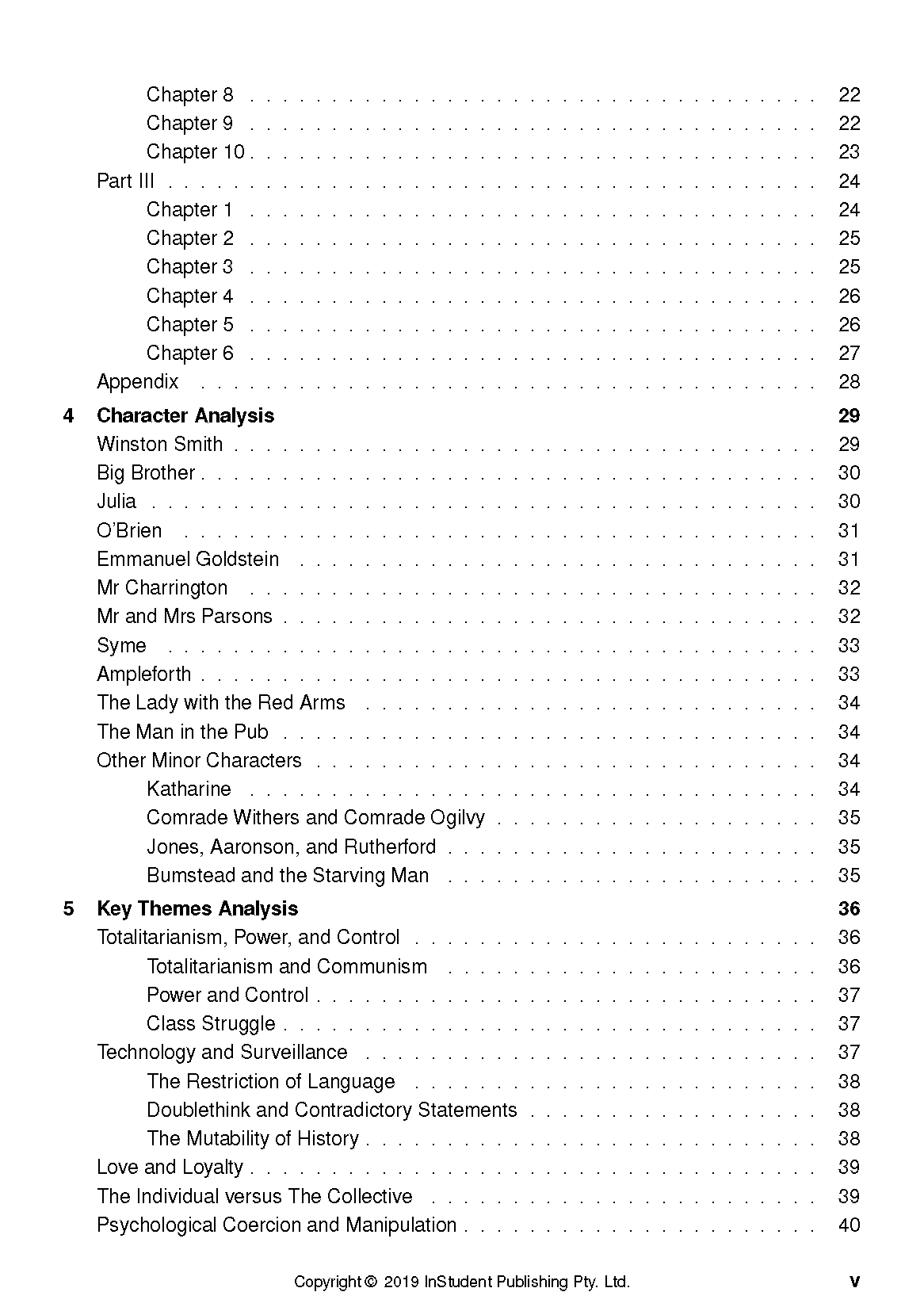 Text guide for Nineteen Eighty-Four from InStudent Publishing Pty. Ltd., displaying a comprehensive table of contents on a white page.