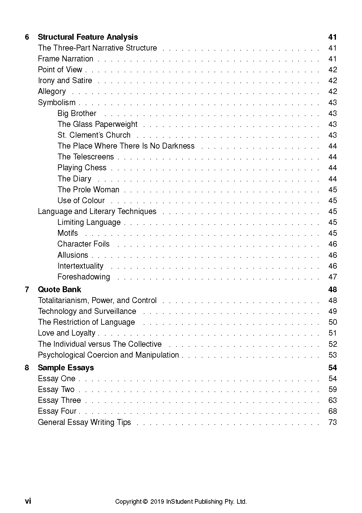 Text Guide page for Nineteen Eighty-Four by InStudent Publishing Pty. Ltd., featuring a detailed table of contents on a white background.
