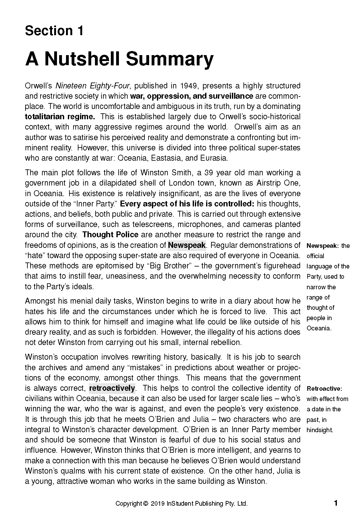 White text guide page by InStudent Publishing showing a 'Nutshell Summary' of Nineteen Eighty-Four with black text.