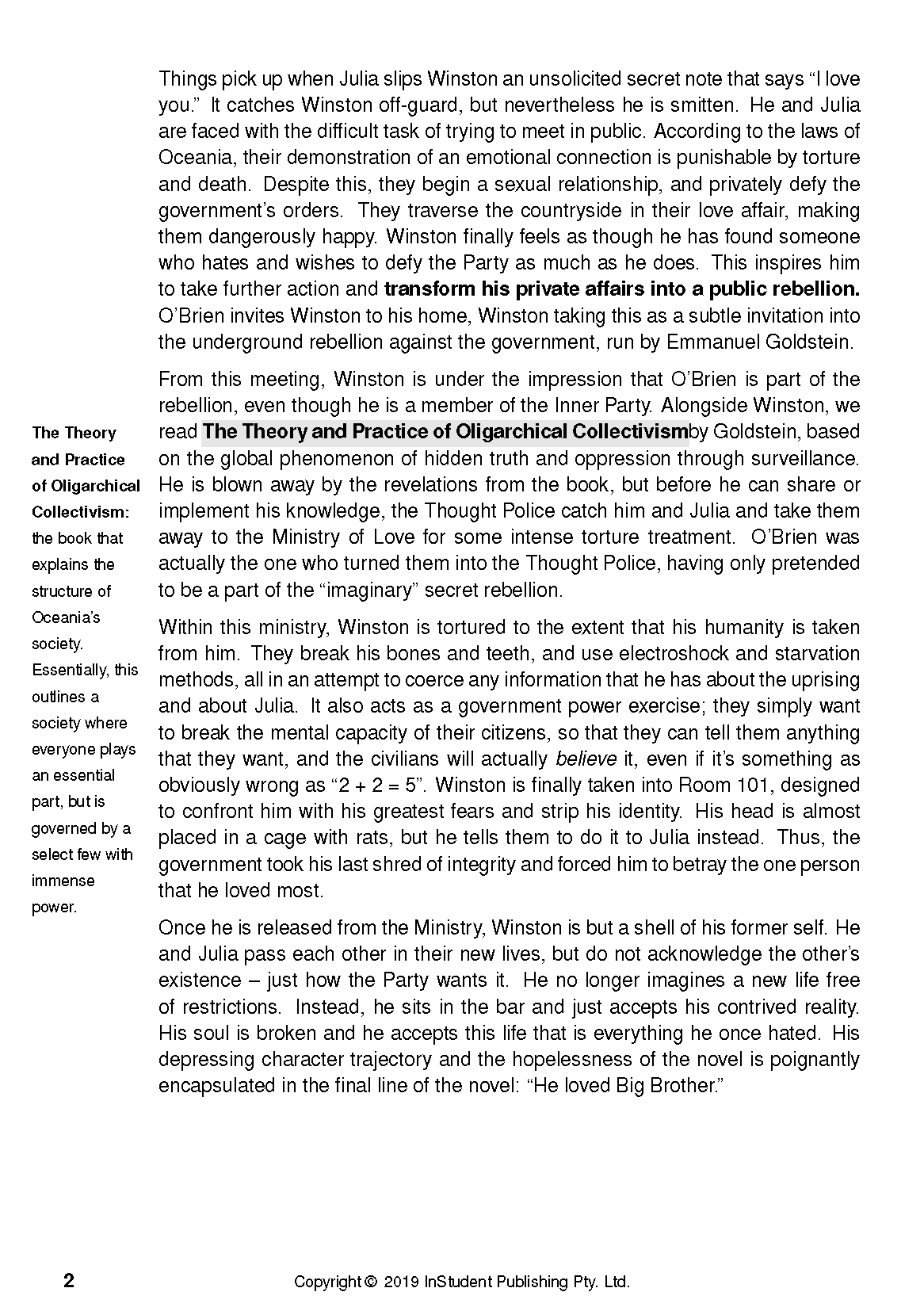 Academic text guide page with black text on a white background, explaining themes and characters from George Orwell's 1984.