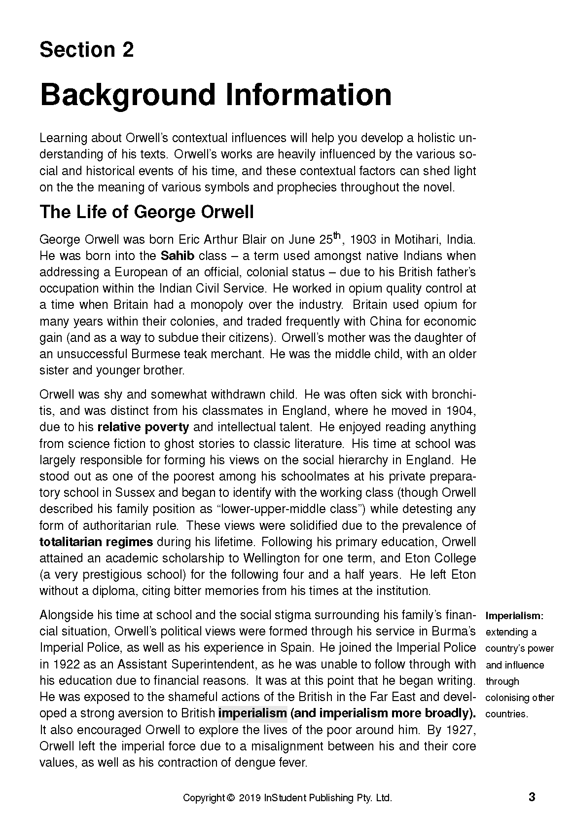 Text guide page featuring "Background Information" and "The Life of George Orwell" sections, with black text on a white background and a sidebar defining Imperialism.