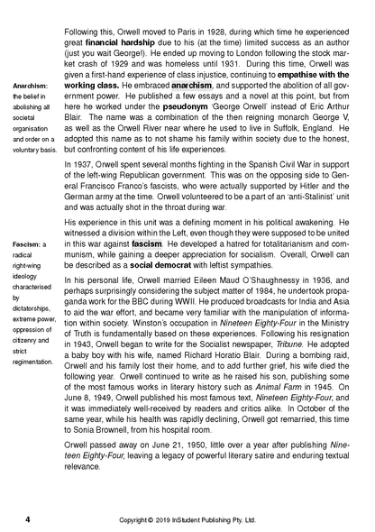 Text guide page with black text on a white background, detailing biographical information about George Orwell and definitions of Anarchism and Fascism.