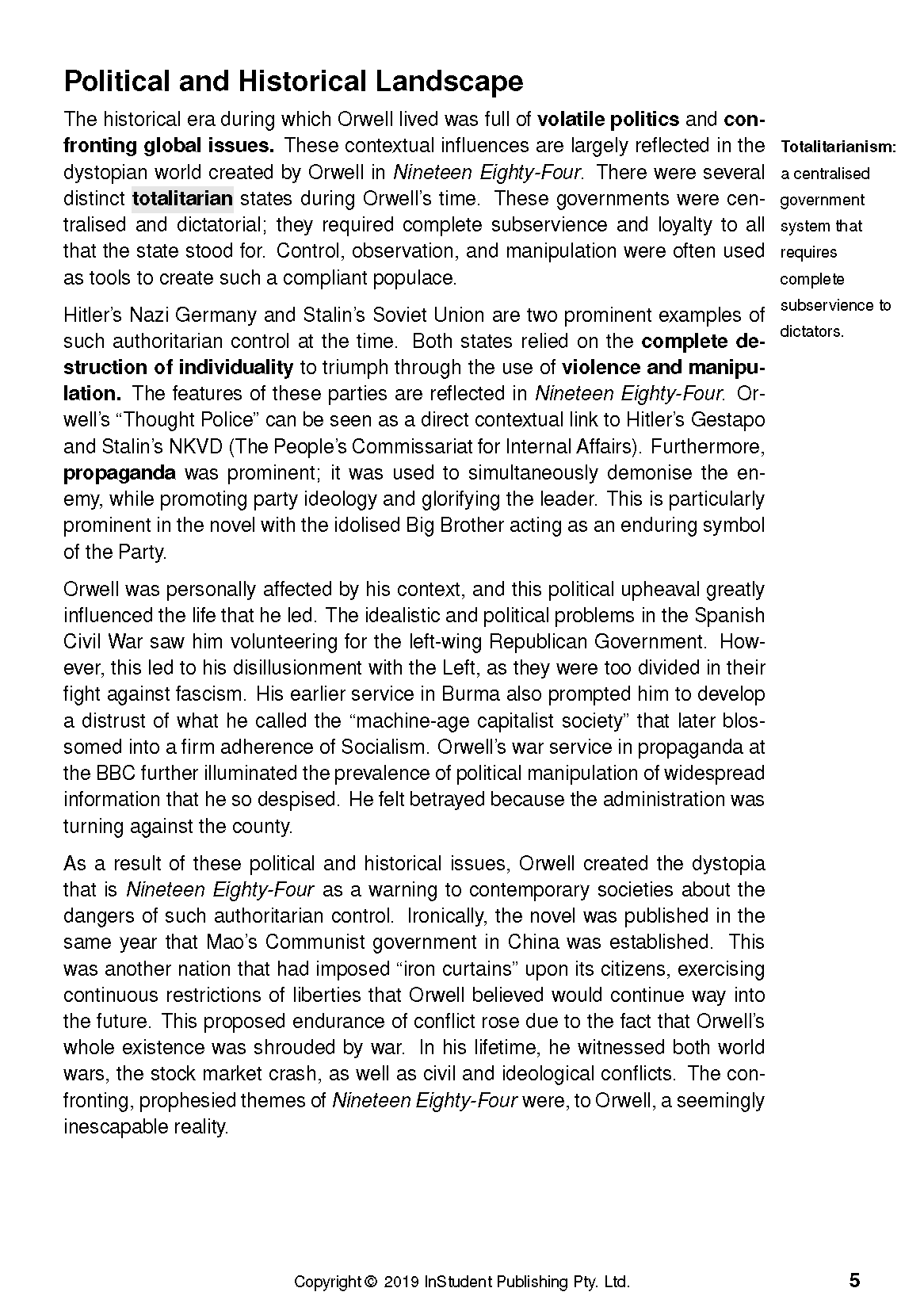 A text guide page on Nineteen Eighty-Four with "Political and Historical Landscape" title and a "Totalitarianism" sidebar.