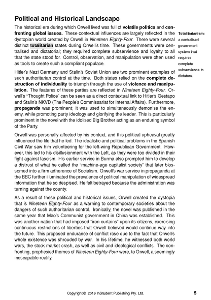 A text guide page on Nineteen Eighty-Four with "Political and Historical Landscape" title and a "Totalitarianism" sidebar.