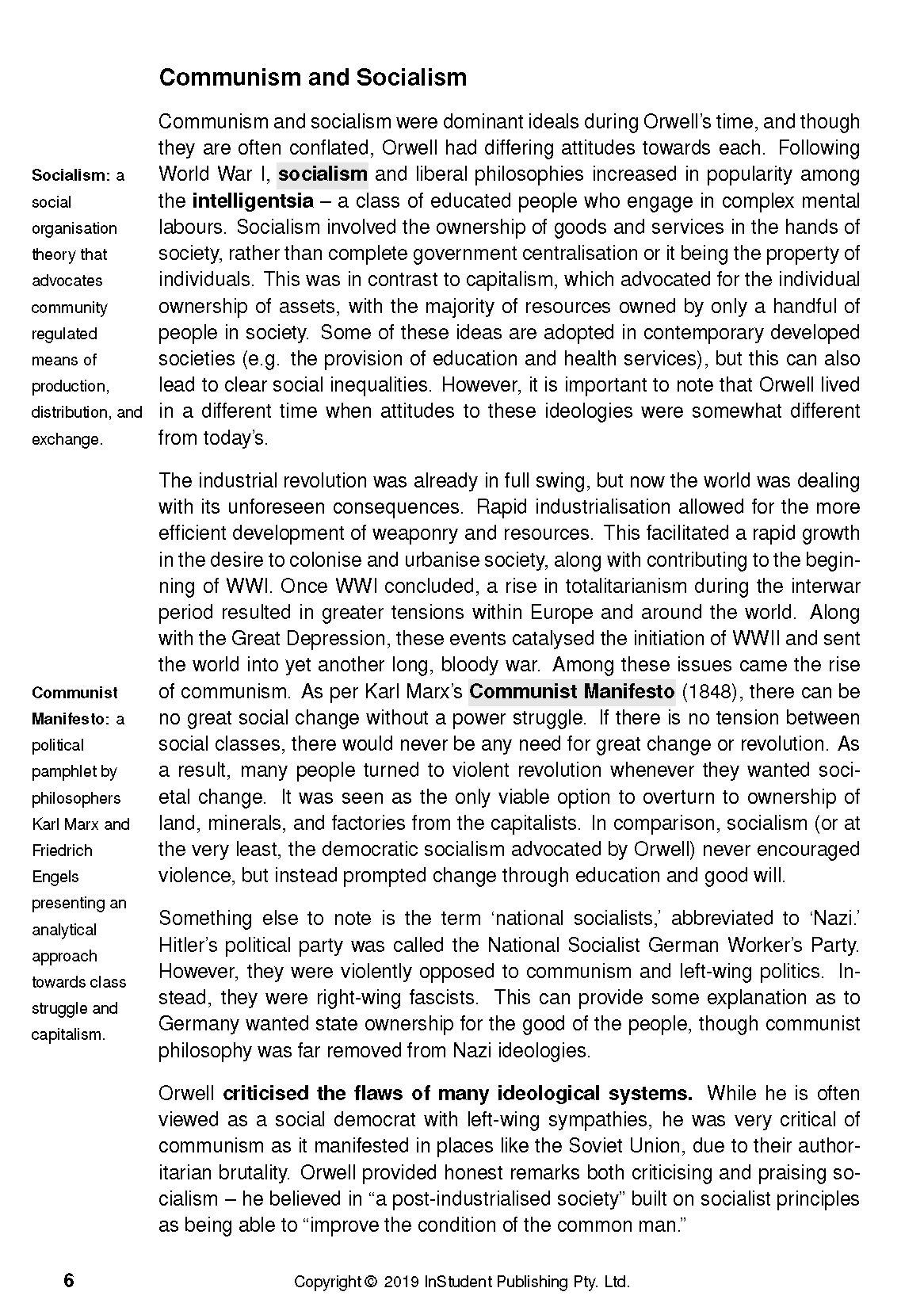 Text Guide for Nineteen Eighty-Four by George Orwell, with a visible page discussing Communism and Socialism.