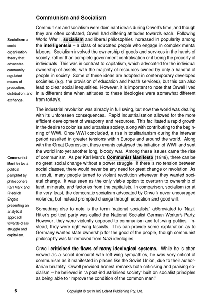 Text Guide for Nineteen Eighty-Four by George Orwell, with a visible page discussing Communism and Socialism.