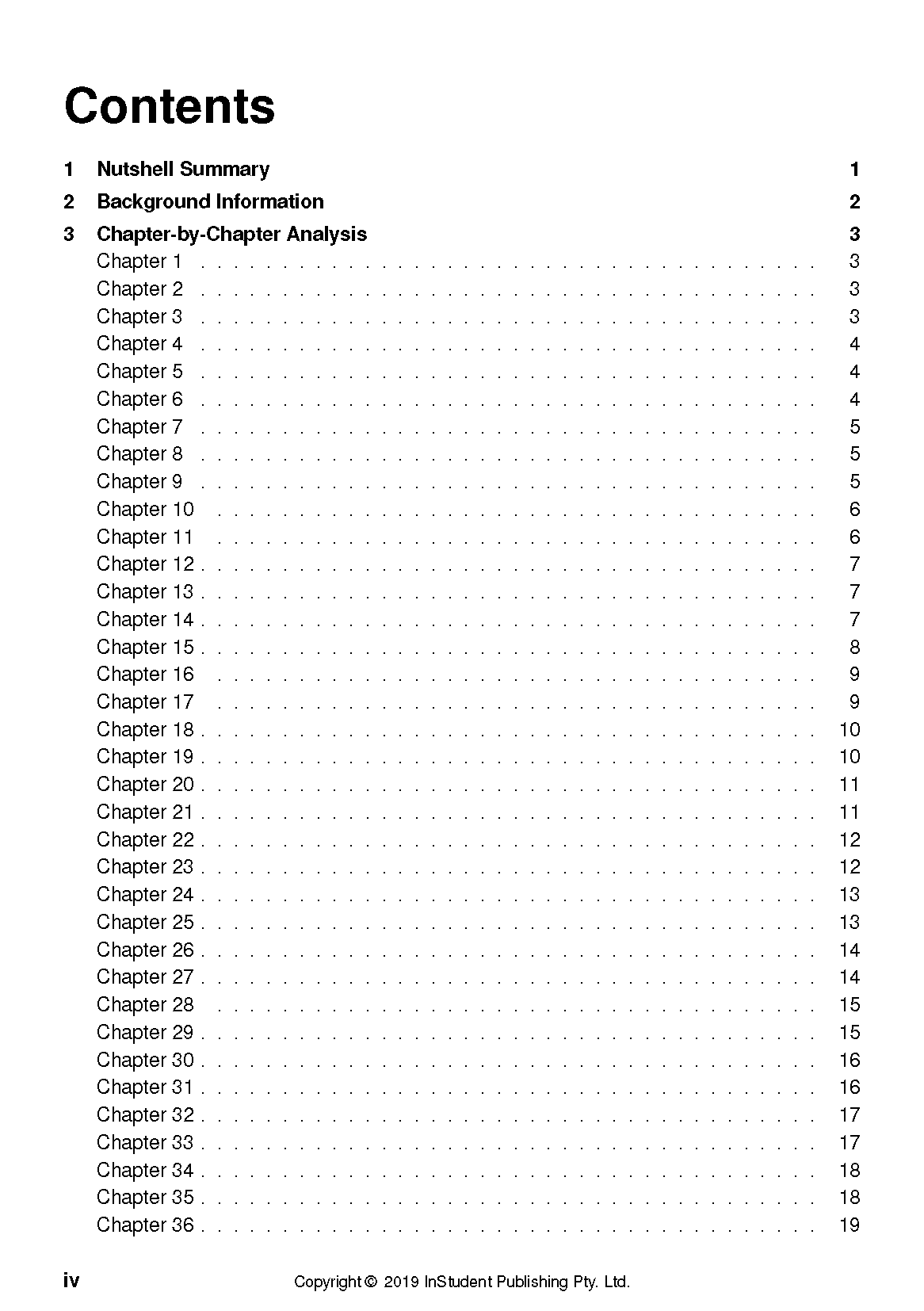 Text guide contents page with black text on white, listing chapters 1-36 and copyright 2019.