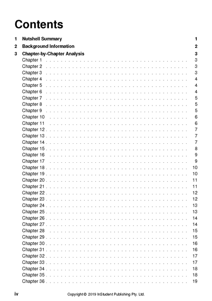 Text guide contents page with black text on white, listing chapters 1-36 and copyright 2019.