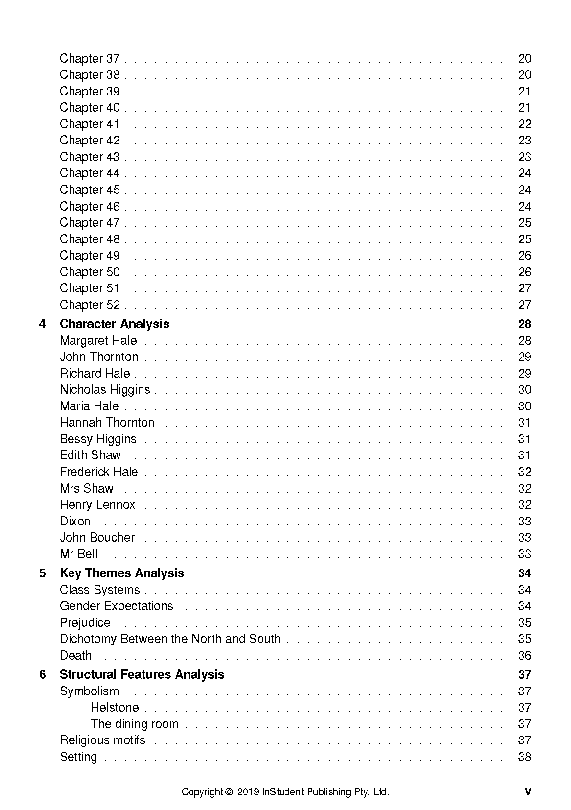 Table of contents page from a Text Guide listing chapters 37-52 and analysis sections with page numbers.
