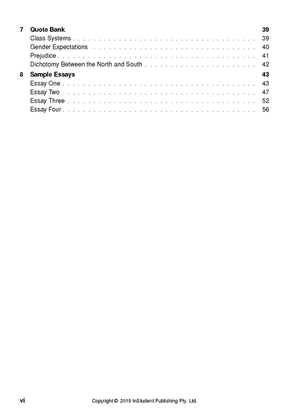Text Guide for "North and South" by Elizabeth Gaskell, showing a black and white table of contents page featuring sections like "Quote Bank".