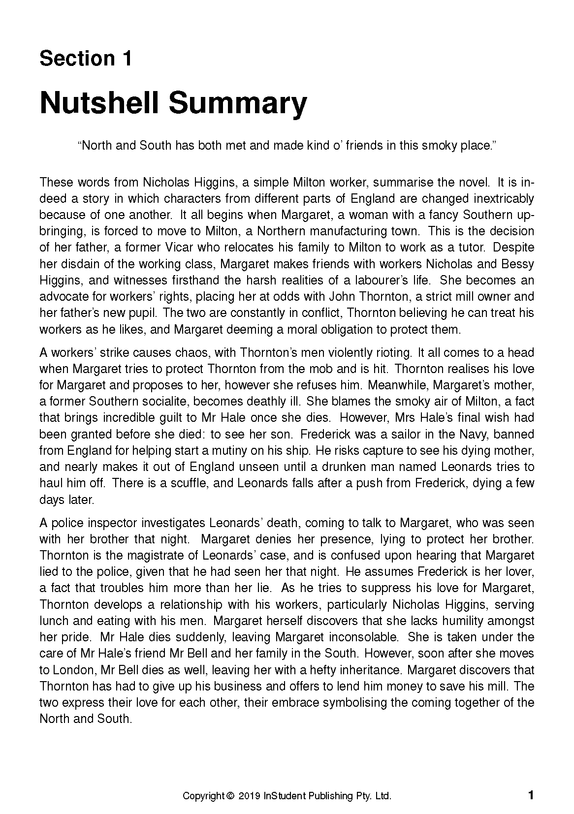 Text Guide page by InStudent Publishing Pty. Ltd. displaying a 'Nutshell Summary' of 'North and South' in black print.