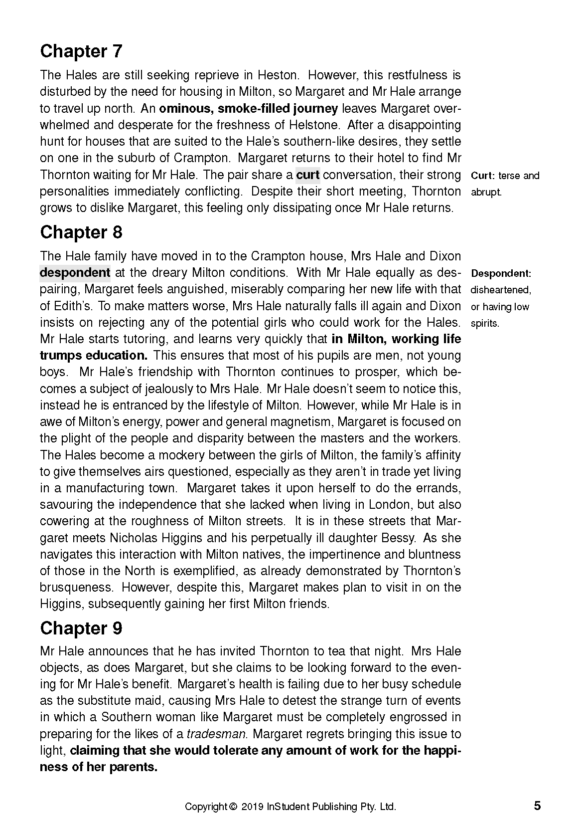Text guide page for North and South by Elizabeth Gaskell, displaying chapter headings, definitions, and page 5.