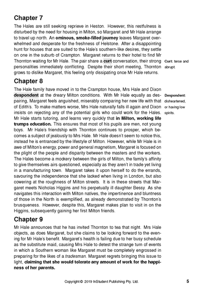 Text guide page for North and South by Elizabeth Gaskell, displaying chapter headings, definitions, and page 5.