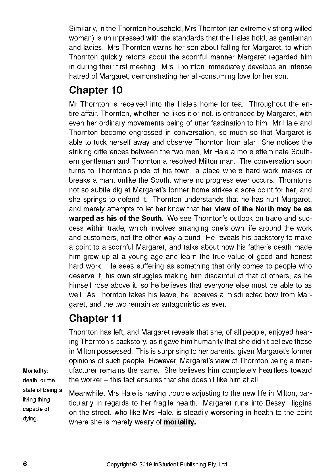 Text Guide for North and South by Elizabeth Gaskell, a page displaying text from Chapters 10 and 11, a 'Mortality' definition, and copyright.