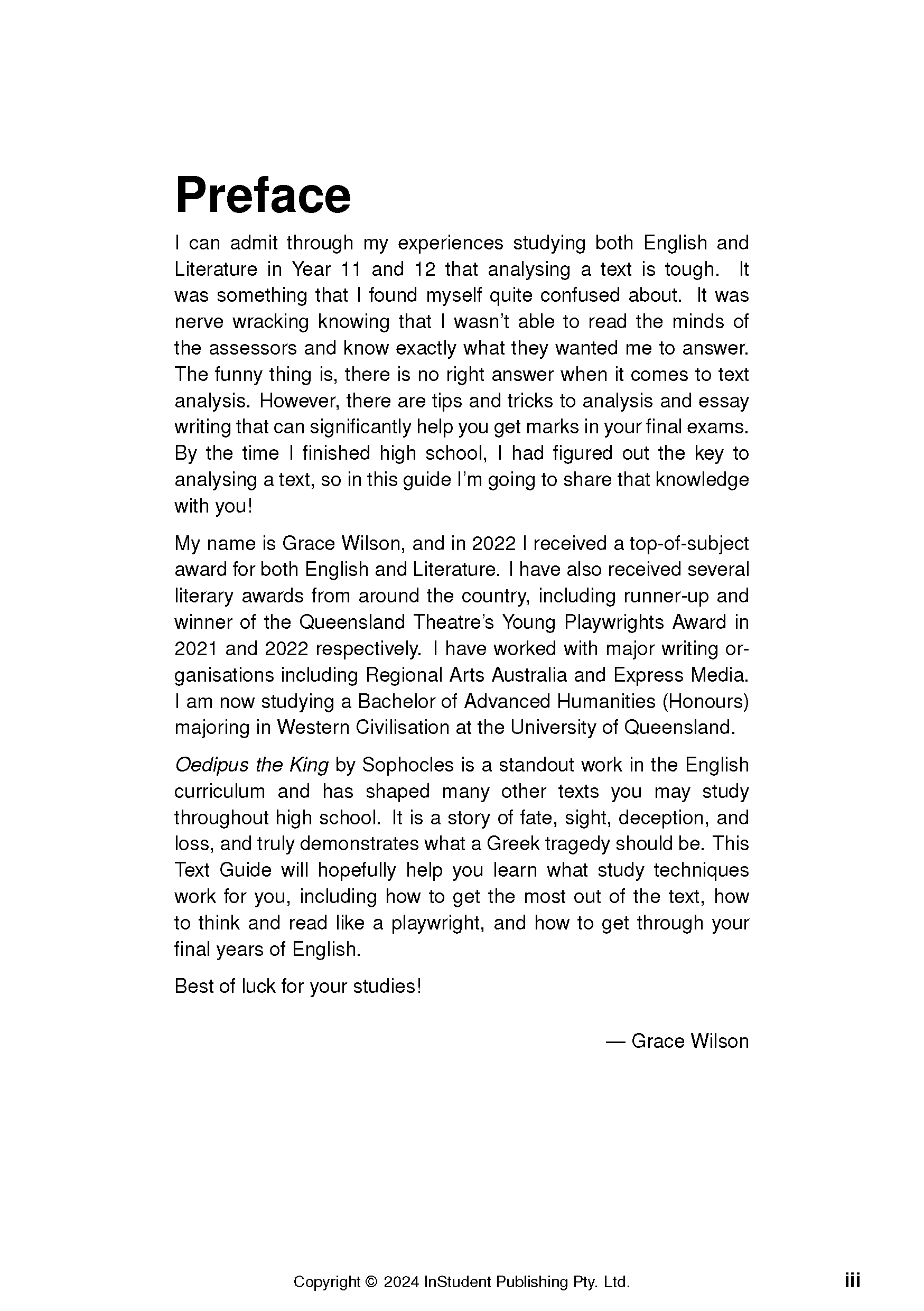 Text guide page showing black text on a white background, featuring a 'Preface' title, Grace Wilson's signature, copyright, and page number.