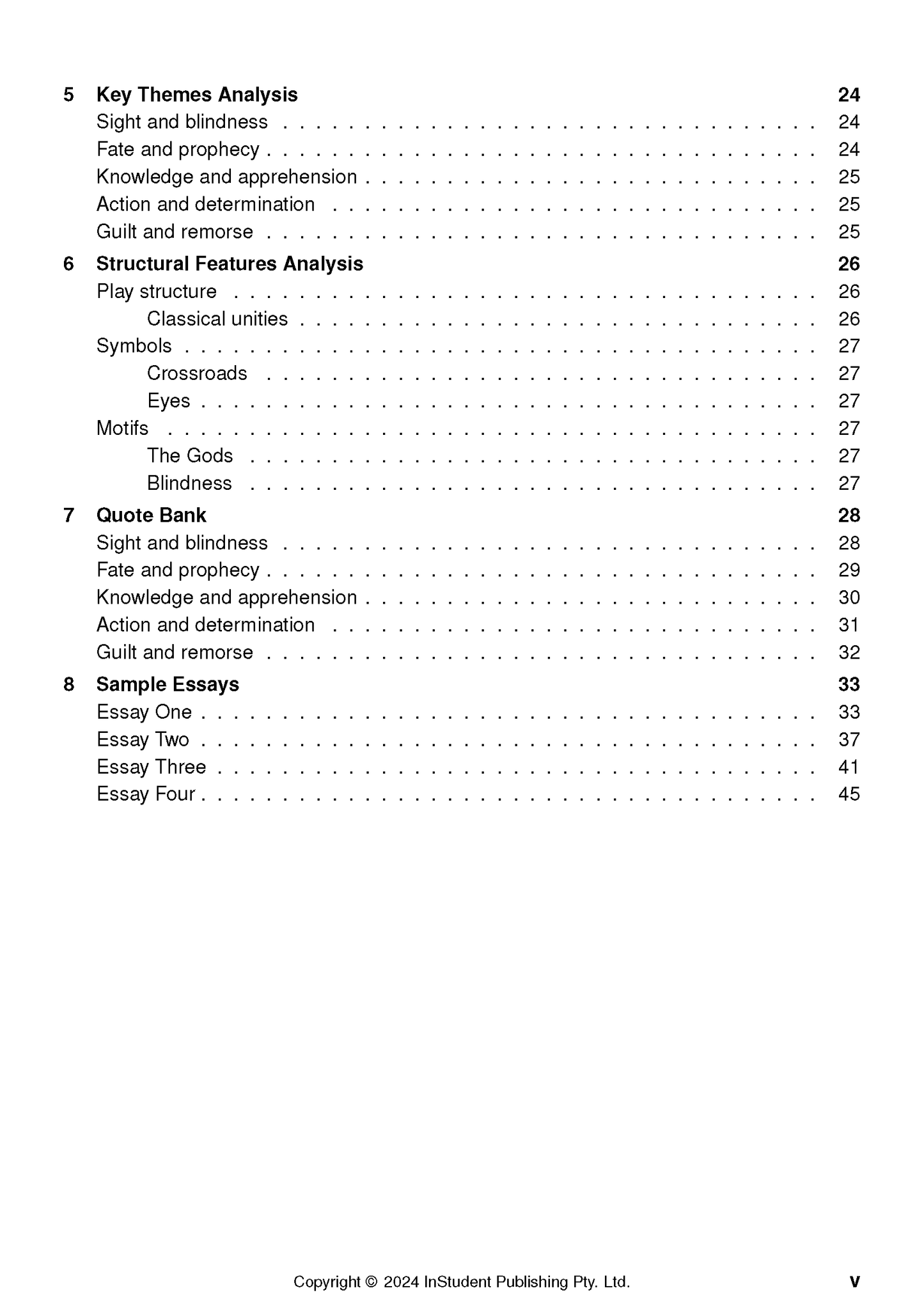 Text Guide by InStudent Publishing Pty. Ltd. showing a table of contents with sections like Key Themes Analysis and Sample Essays.