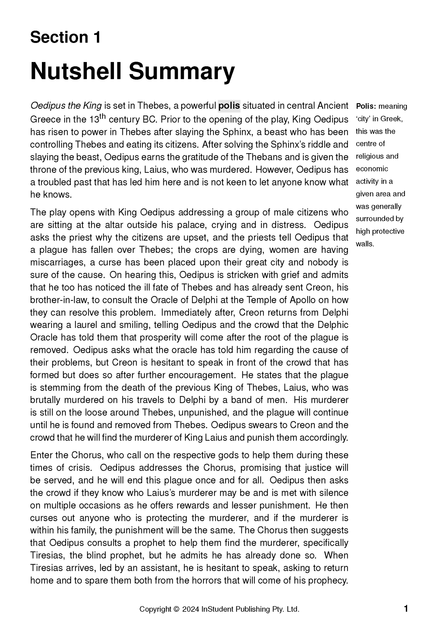 White page of a text guide for "Oedipus the King by Sophocles," featuring a summary and "Polis" definition.