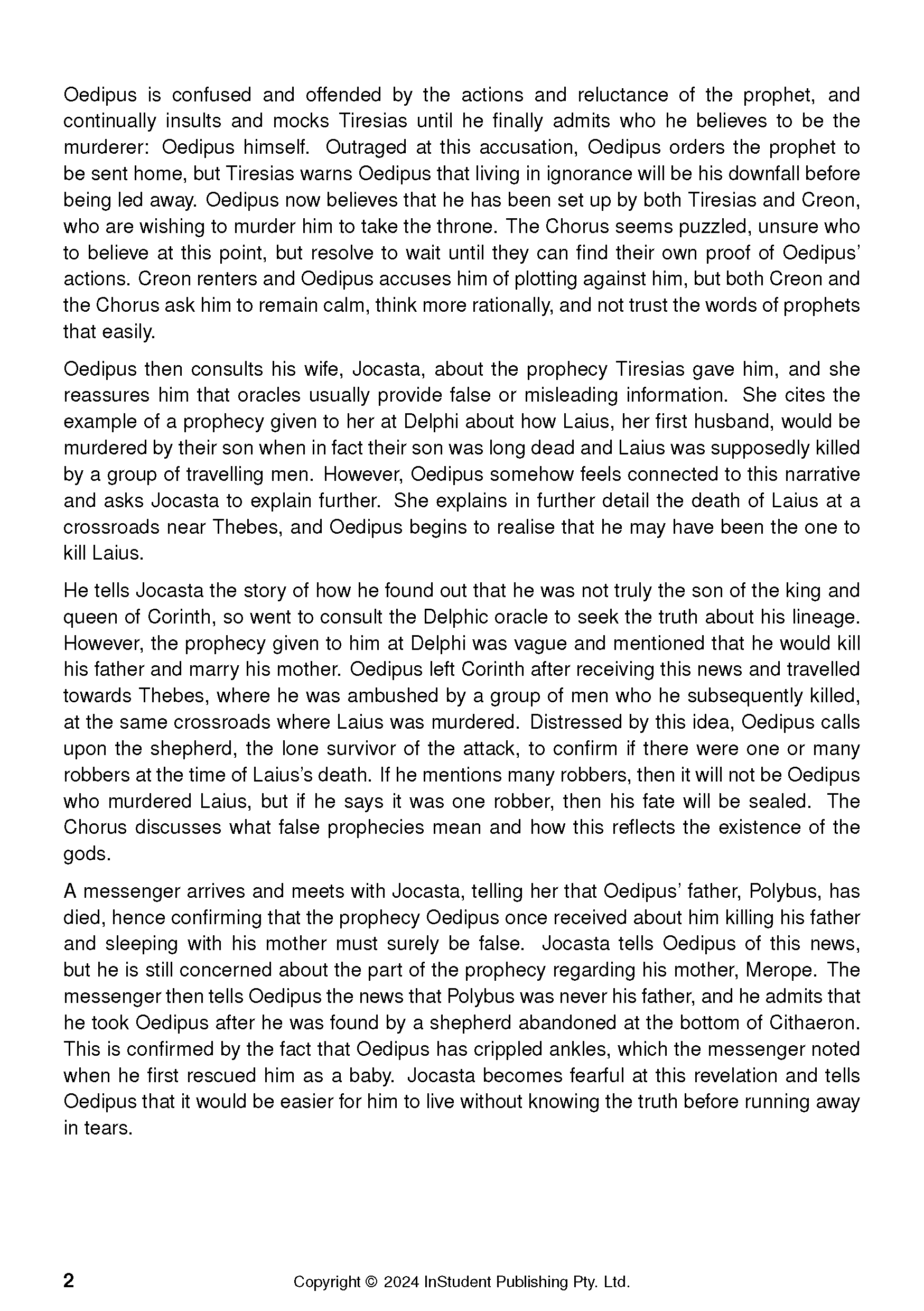 A text guide page about Oedipus the King by Sophocles, featuring dense black text on a white background.