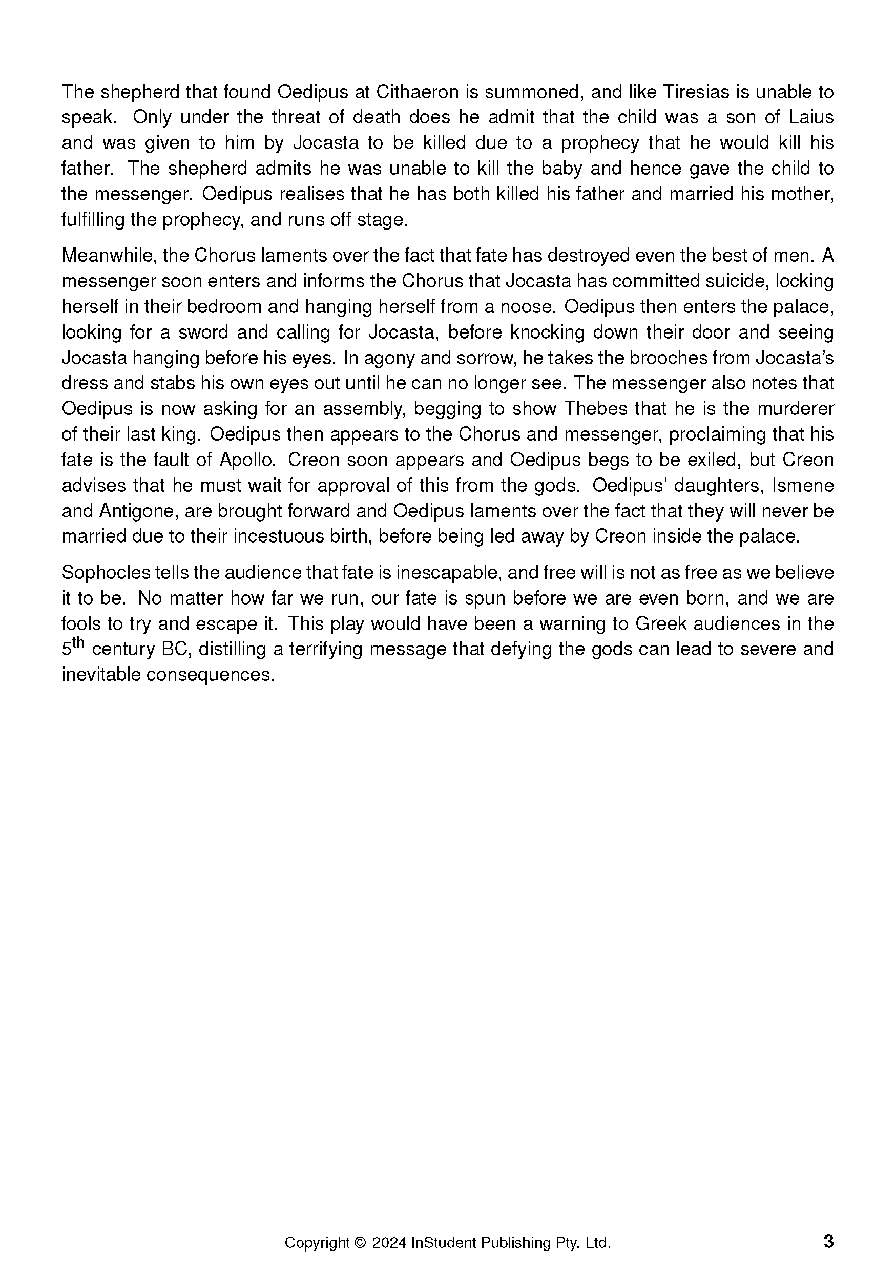 Text Guide about Oedipus the King by Sophocles, displaying detailed black text on a white page.