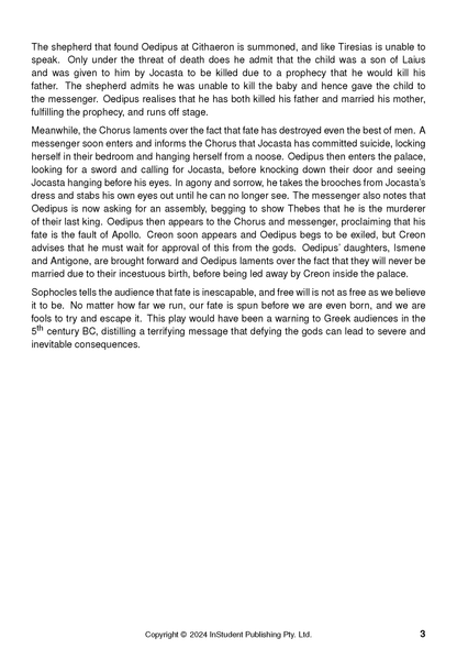 Text Guide about Oedipus the King by Sophocles, displaying detailed black text on a white page.